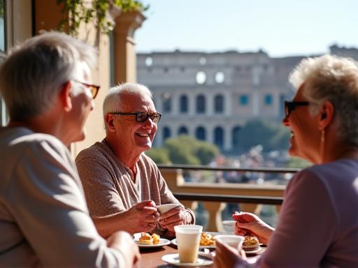 Seniors enjoying coffee at a cafe in Rome with the Colosseum in the background